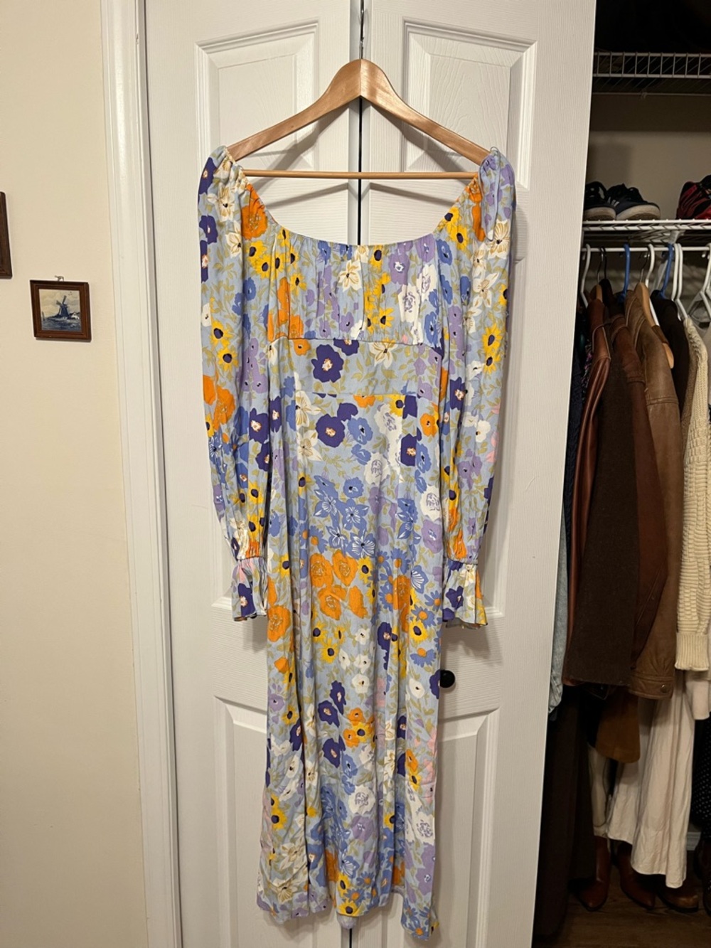 & Other Stories Lavender Floral Long Sleeve Midi Dress with Yellow Accents